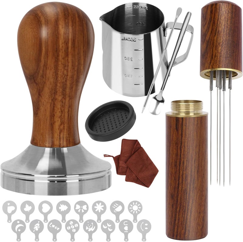 Y-Step 58mm Espresso Accessories Kit, 23 PCS Coffee Tamper Set Barista Tools Kit, with Sandalwood Espresso Tamper, Coffee Stirrer, Frothing Pitcher, Tamper Mat, Latte Art Pen for Espresso Machine - Image 1